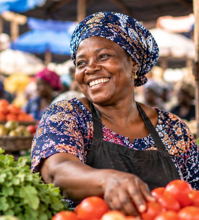 A market woman smiling at her vegetable stall