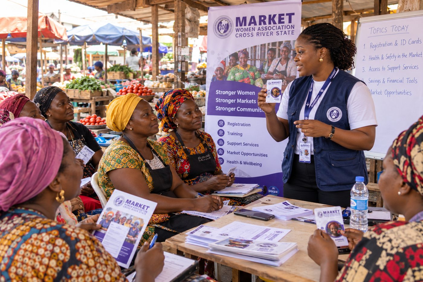A Forum trainer explains registration and ID cards to market women