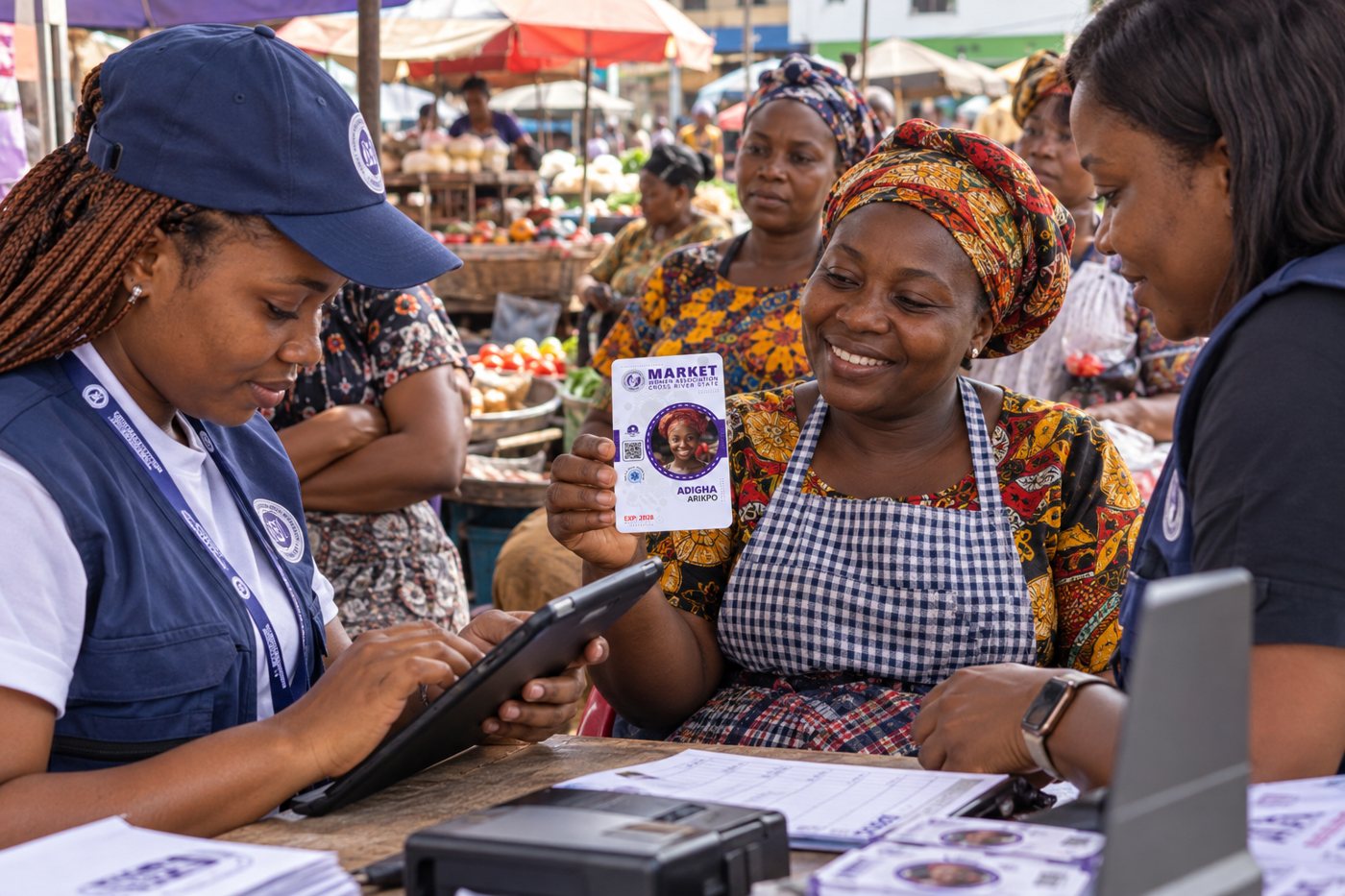 A market woman shows her new member card at a registration desk